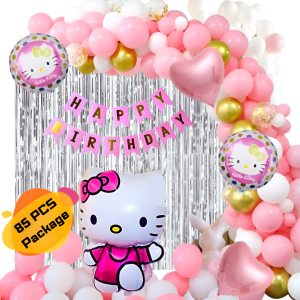 Hello Kitty Theme Birthday Decoration Combo Pack – With Birthday Banner, Foil Backdrop Curtain, HQ Balloons, Confetti With Arch & Both Site Tape Full Package- (Pack of 85 Pcs)