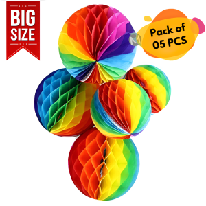 Rainbow Honeycomb Balls / Paper Balls Party Decoration - Ideal for Anniversary, Birthday, Baby Shower, Home, Restaurants, Showroom, and Events- (Pack of 5 Pcs)