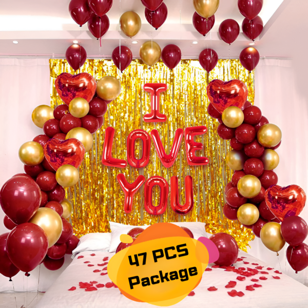 I Love You Decoration Combo With Heart Shape Foil Balloon, Metallic Monty Balloon & Backdrop Curtain Full Set- (Pack of 47 Pcs)