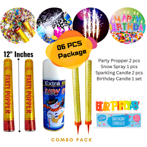 Party Combo Kit - Party Popper, Party Snow Spray, Sparkling Candle And Birthday Candle Package for Party Celebration- (Pack of 06 Pcs)