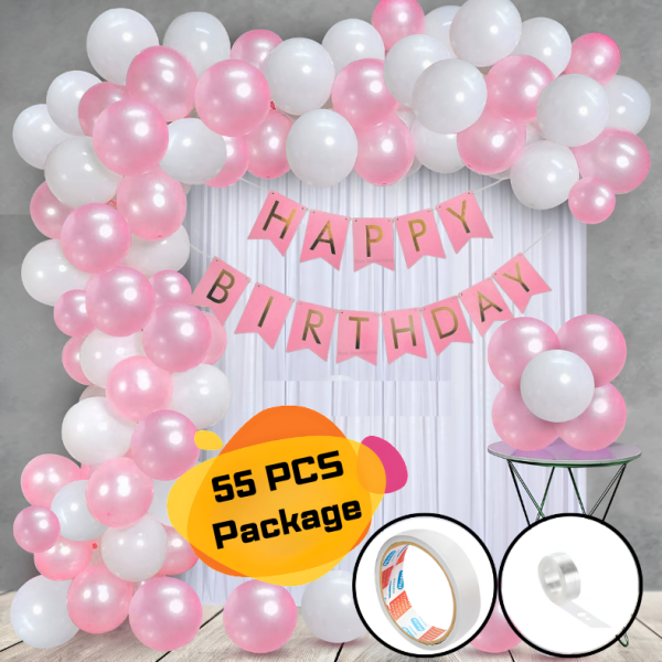 Birthday Decorations Pink Combo–Metallic Balloons, Card Banner, White Net Curtain With Balloon Arch & Both Side Tape for Party Decoration Full Package- (Pack of 55 Pcs)