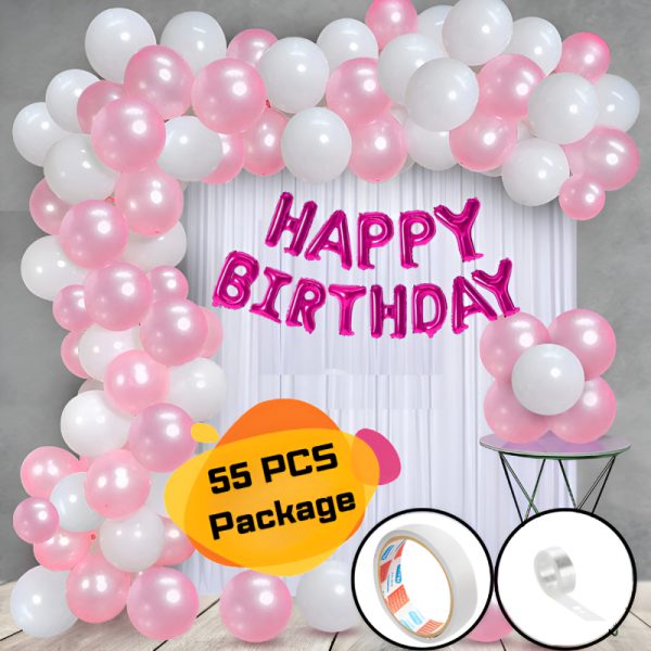 Birthday Decorations Pink Combo–Metallic Balloons, Pink Foil Banner, White Net Curtain With Balloon Arch & Both Side Tape for Party Decoration Full Package- (Pack of 55 Pcs)