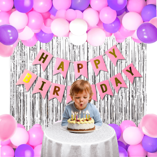 Happy Birthday Decoration Combo Pack – Silver Backdrop Foil Curtain, Pink Card Birthday Banner with Metallic Balloons (Pink, Purple & White) Decorations Set Full Package- (Pack of 32 Pcs)