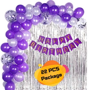 Birthday Decoration Combo Pack With Purple Birthday Banners, Silver Curtains, Metallic Balloons Full Package- (Pack of 22 Pcs)