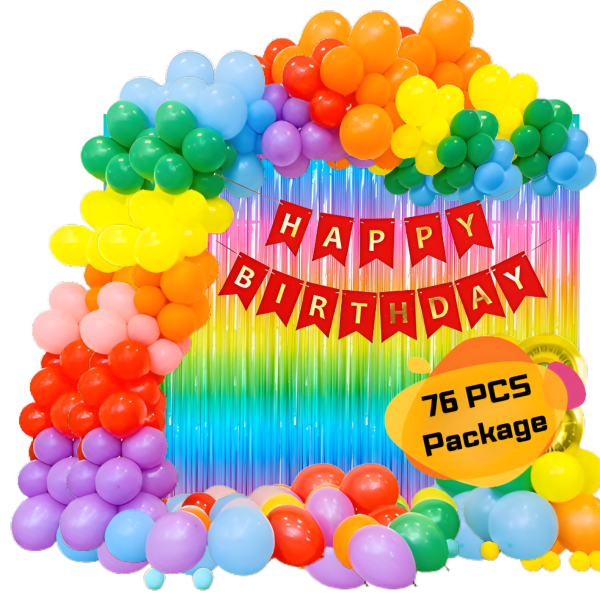 Rainbow Birthday Decoration Combo Pack- Birthday Banners, Rainbow Foil Curtains, High Quality Balloons, Balloon Arch With Both-Side Tape & Pumper Decor Full Package- (Pack of 76 Pcs)