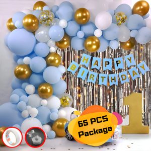 Light Blue Birthday Combo Pack – Card Banner, Backdrop Curtains, Metallic Balloons And Deco Kit- (Pack of 65 Pcs)