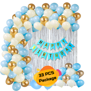 Happy Birthday Decoration Combo Pack – Silver Backdrop Foil Curtain, Light Blue Paper Birthday Banner With Metallic Balloons Set Full Package- (Pack of 33 Pcs)