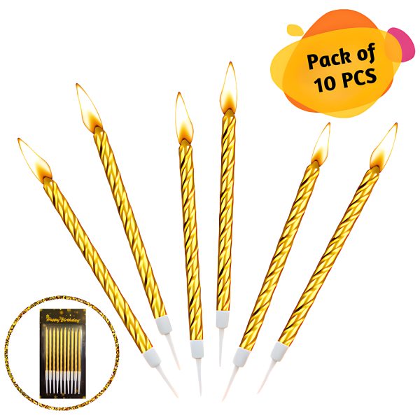 Spiral Gold Long Stick Metallic Candle for Birthday, Wedding Party and Cake Decoration- (Pack of 10 Pcs)