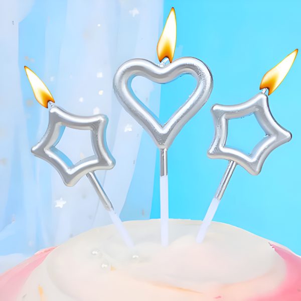 Heart Love and Star Shaped Cake Candles Set – Ideal for Birthday, Anniversary, Mom To Be, Baby Shower, and Wedding Party Cake Decorations – Pack of 3 Pcs