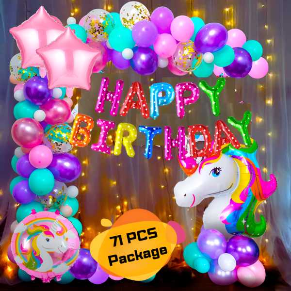 Unicorn Theme Birthday Decoration Combo Pack – With Multi Birthday Banner, Net Backdrop Curtain, Pastel Balloons, Fairy Light & Deco Kit Full Package- (Pack of 71 Pcs)