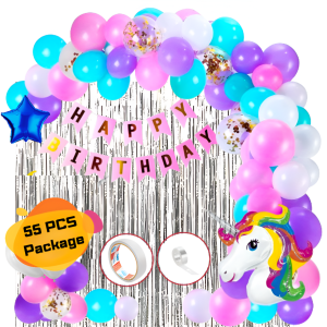 Unicorn Theme Birthday Decoration Combo Pack – With Card Banner, Foil Backdrop Curtain, HQ Balloons, Deco Kit & More Full Package- (Pack of 55 Pcs)