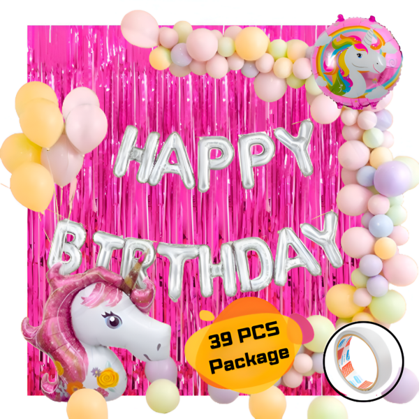 Unicorn Theme Birthday Decoration Combo Pack – With Foil Banner, Foil Backdrop Curtain, Pastel Balloons, Deco Kit & More Full Package- (Pack of 39 Pcs)