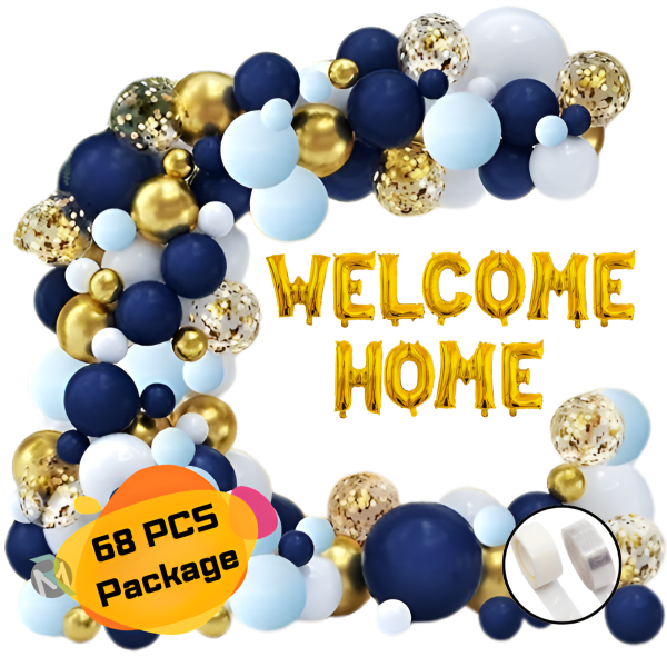 Welcome Home Decoration Combo Pack- Golden Foil Banner, Metallic Balloons, Confetti and Arch Whit Both Side Tape Decorations Full Package- (Pack of 68 Pcs)