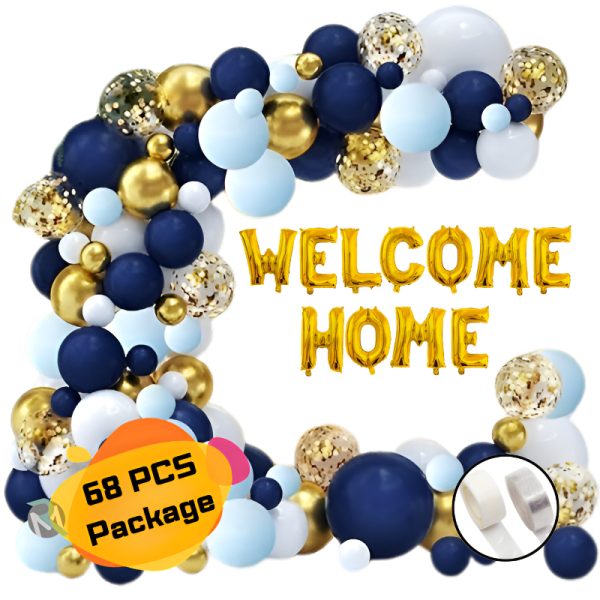 Welcome Home Decoration Combo Pack- Golden Foil Banner, Metallic Balloons, Confetti and Arch Whit Both Side Tape Decorations Full Package- (Pack of 68 Pcs)