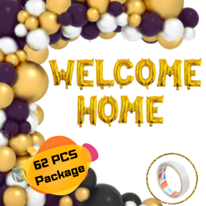 Welcome Home Decoration Combo Pack- Golden Foil Banner, Golden, Black & White Metallic Balloons and Both Side Tape Decorations Full Package- (Pack of 62 Pcs)