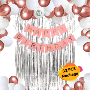 Rose Gold Birthday Decoration Combo Pack– Silver Foil Curtain, Pink Card Banner Metallic Balloons (Rose Gold & White) Decorations Set Full Package- (Pack of 32 Pcs)