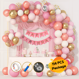 Rose Gold Birthday Decoration Combo-Banners, Metallic Balloons, Confetti Balloons, Pumper, Balloon Arch with Both Site Tape Decorations Full Package- (Pack of 114 Pcs)