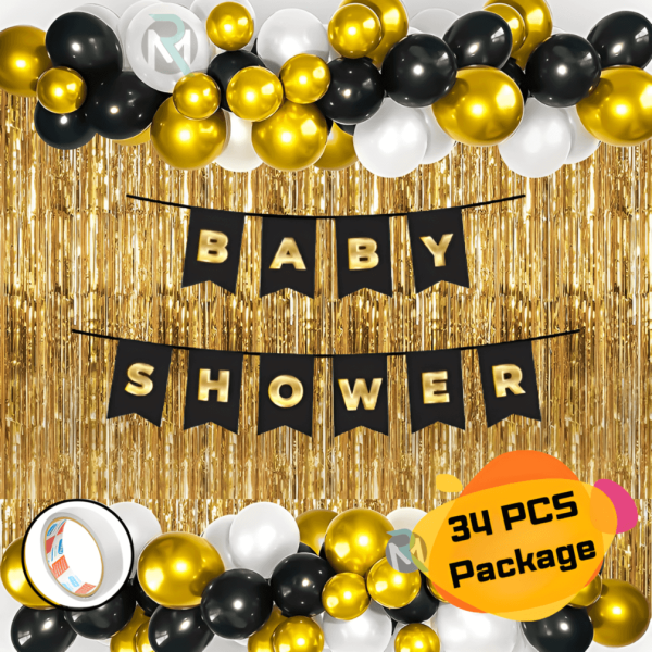 Baby Shower Golden Black Combo Set– Metallic Balloons, Card Banner, Backdrop Curtain With Both Side Tape for Party Decoration Full Package- (Pack of 34 Pcs)