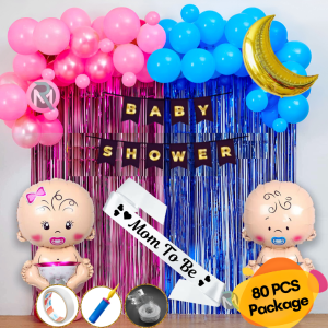 Baby Shower Combo- Banner, Balloons, Foil Curtain, Moon Foil, Tape, Pumper & Arch for Maternity, Pregnancy Photoshoot Decor- (Pack of 80 Pcs)