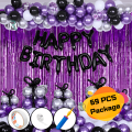 HQ Purple Birthday Decoration Combo Pack with Foil Banners, Backdrop Curtains, HQ Metallic Balloons, Pumper, Balloon Arch with Both Side Tape Decorations Full Package- (Pack of 69 Pcs)
