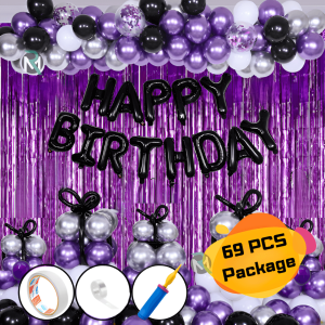 HQ Purple Birthday Decoration Combo Pack with Foil Banners, Backdrop Curtains, HQ Metallic Balloons, Pumper, Balloon Arch with Both Side Tape Decorations Full Package- (Pack of 69 Pcs)