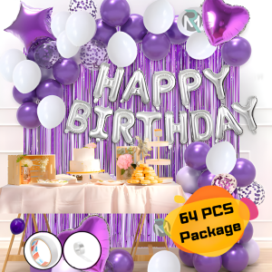 Birthday Decoration Combo Pack Purple Theme- Foil Banner, Backdrop Curtains, Metallic Balloons, Confetti, Arch, Tape, Star & Love Foil Balloon- (Pack of 64 Pcs)