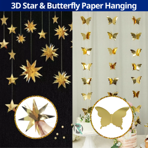3D Golden Butterfly & Star Paper Garland Hanging Decorative String Banner for Home Ceiling Decor Birthday Party, Baby Shower and Wedding Decoration Supplies - (Pack of 9 Set)