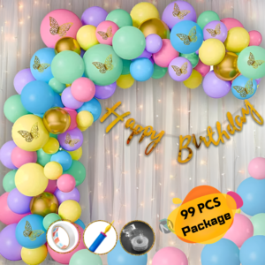 Rainbow Theme Birthday Decoration Combo Pack- Cursive Banner, Net Curtains, Pastel Balloon, 3D Paper Butterfly, Fairy Light with Decoration Kit Full Package- (Pack of 99 Pcs)