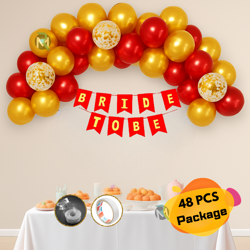 1 Bride To Be Combo Red Bride To Be Party Combo Pack – Banner, Metallic Balloons (Golden & Red), Confetti Balloons & Arch Kit with Tape (48 Pcs Set)