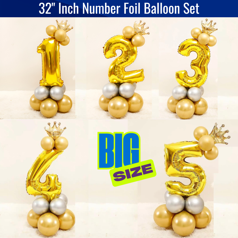 1 Number Foil 32 Inch Set 32” Inch Number Foil Balloon with Mini Crown for Birthday, Anniversary, Events and Party Decoration Items- (Pack of 12 Pcs)