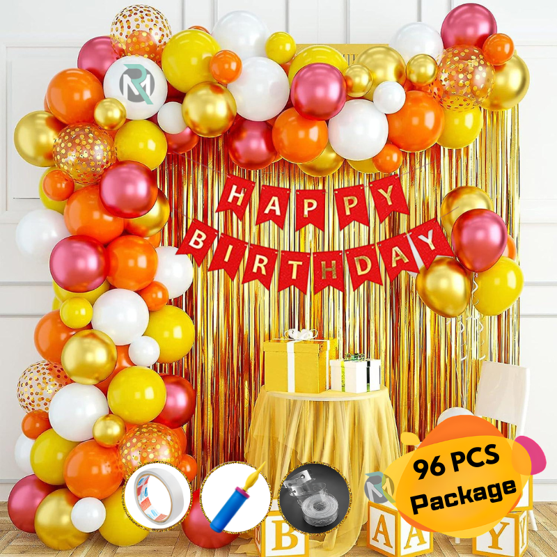 1 Orange Birthday Decor Orange Birthday Decoration Combo Pack – Banner, Foil Curtain, Metallic & Confetti Balloons, Pumper, Arch & Tape Kit – Full Set of 96 Pcs