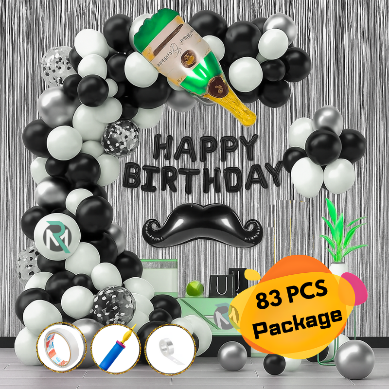 1 Birthday Moustache Combo Moustache Theme Black and White Birthday Combo- with Banners, Moustache Foil, Champagne Bottle, Arch with Both Side Tape Decorations Full Package- (Pack of 83 Pcs)