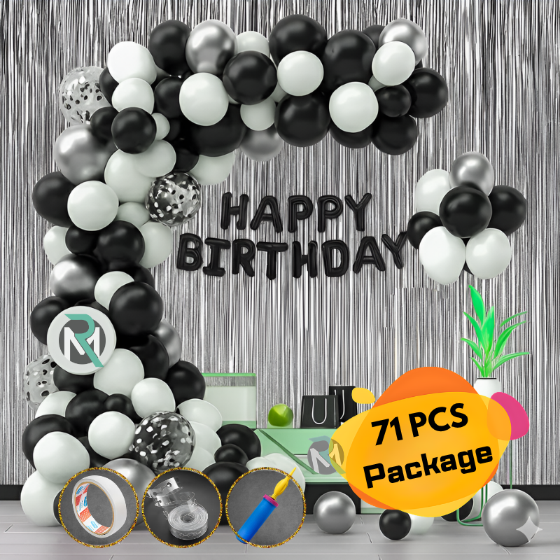 1 Black & White Birthday Combo Black and White Theme Birthday Combo- Banners, Metallic Balloon, Pumper with kits Decorations Full Package- (Pack of 71 Pcs)