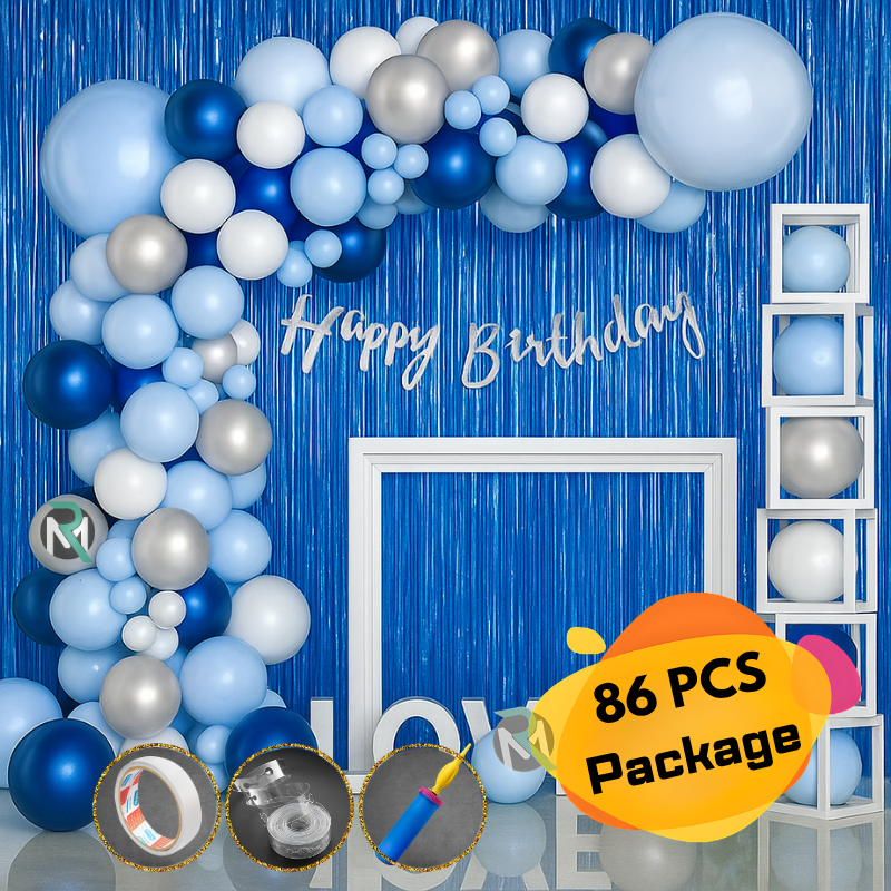 1 Blue Birthday Decor Blue Theme Birthday Decoration Combo Pack- Complete Kit with Cursive Banner, Backdrop, Metallic Balloons, & Arch Tape- (Pack of 86 Pcs)