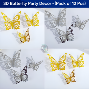 3D Butterfly Party Decoration Set- Wall & Balloon DIY Decoration Stickers for Party, Home Decor, and Events (Pack of 12 Pcs)