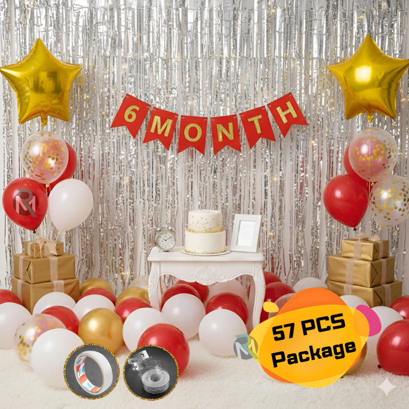 1 6 Month Birthday Combo 6 Month Birthday Decoration Combo–Half Way to One Birthday Set with "6 MONTH" Banner, Star Foil, Silver Curtains & More- (Pack of 57 Pcs)