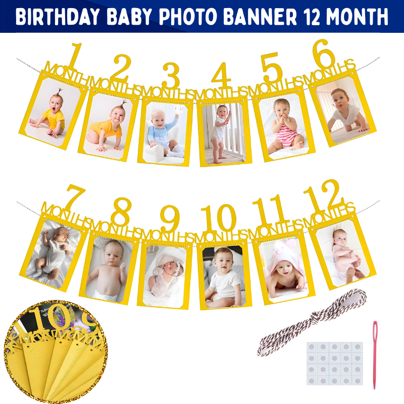 1 Birthday Baby Photo Banner 12 Month Baby's 1st Birthday Monthly Photo Banner | Newborn to 12 Months Picture Garland | One Year Old Birthday Photo Banner (1 Set)