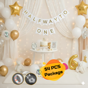 Half Way to One Birthday Decoration Combo | 6-Month Birthday Celebration– Includes Banner, Foil Balloon, Fairy Lights & More- (Pack of 54 Pcs)