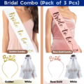 3-in-1 Bridal Shower Set – Includes 'Bride To Be' Sash, Metallic Bridal Headband, and White Bridal Veil for Bachelorette Parties- (Pack of 3 Pcs)