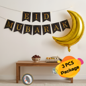 Eid Mubarak Decor Combo– Includes Golden Moon Foil Balloon with EID Banner and Both-side Tape for EID Festive- (3 Pcs)