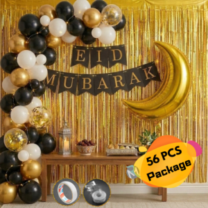 Eid Mubarak Decoration Combo Set with Golden Moon Foil, Backdrop, Metallic Balloon, EID Banner, Arch & More- (56 Pcs)
