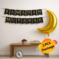 Ramadan Mubarak Decoration Kit- Moon Foil Balloon with Ramadan Banner for Iftar Party, Prayer Room & Eid Festival Decor- (3 Pcs)