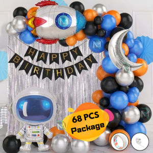 Astronaut Space Theme Birthday Decoration Combo- Rocket & Moon Foil Balloons with Astronaut Foil, Happy Birthday Banner & Balloon’s Set- (Pack of 68 Pcs)