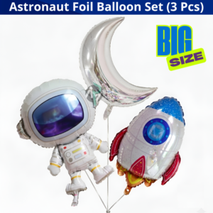 Astronaut, Rocket & Crescent Moon Foil Balloon Set – Outer Space Galaxy Theme for Kid’s Birthday Party Decor- (Pack of 03 Pcs)