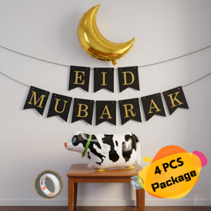 Eid Mubarak Decor Combo – Festive Eid-ul-Adha Vibes Decoration Includes Golden Moon Foil, Cow Foil Balloon, Eid Banner & Both-side Tape- (Pack of 4 Pcs)