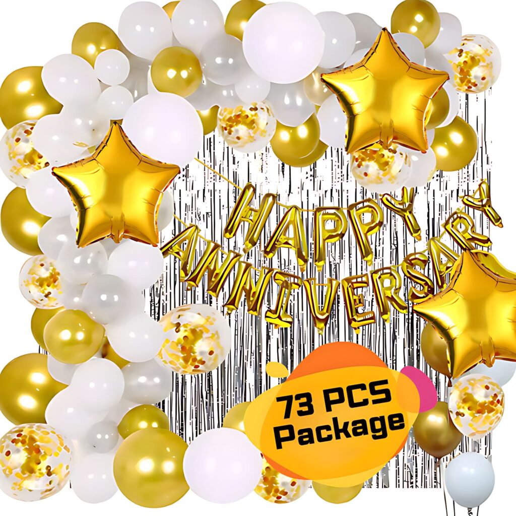 Happy Anniversary Combo 73 PCS Decoration Package with Silver Curtain Metallic Balloons and Foil Banner