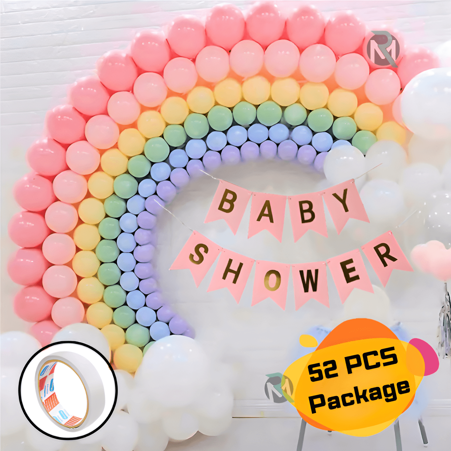 Rainbow Baby Shower Combo 52 PCS with Pastel Balloons and Baby Shower Banner