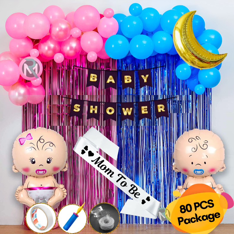 Baby Shower Combo 80 PCS Decoration Package with Banner Balloons Curtain and Mom To Be Sash