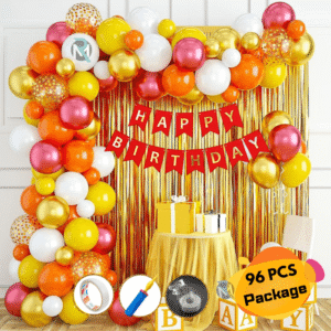 Birthday Combo 96 PCS Decoration Package with Birthday Banner Balloon Arch and Metallic Curtain