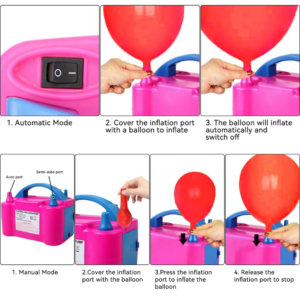High power Electric Balloon Pump Machine with multiple inflation nozzles for birthday decoration, baby shower decoration, bridal shower decoration and balloon arch setup.